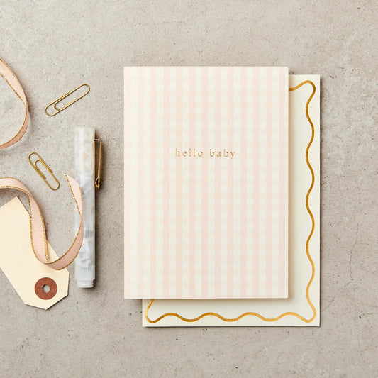 PINK GINGHAM HELLO BABY CARD
